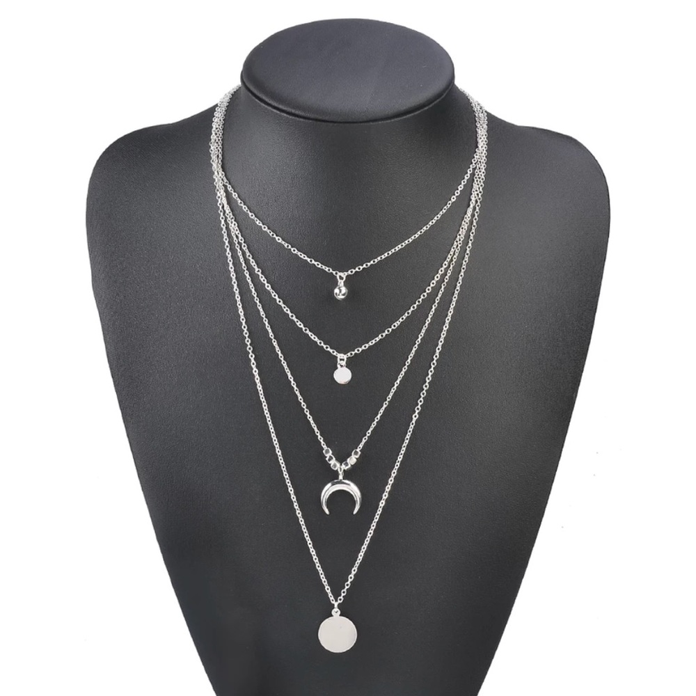 4 Layer Silver Necklace Moon Pendant